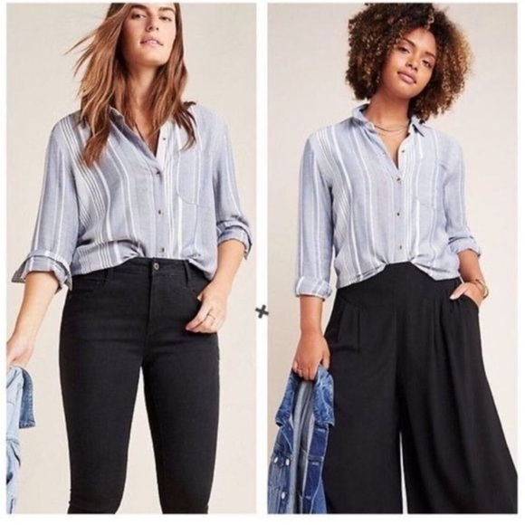 Anthropologie Maeve Chatham Striped Woven Chambray Button Down Shirt Blue Small - Picture 1 of 9